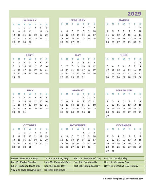2029 Annual Calendar Design Template