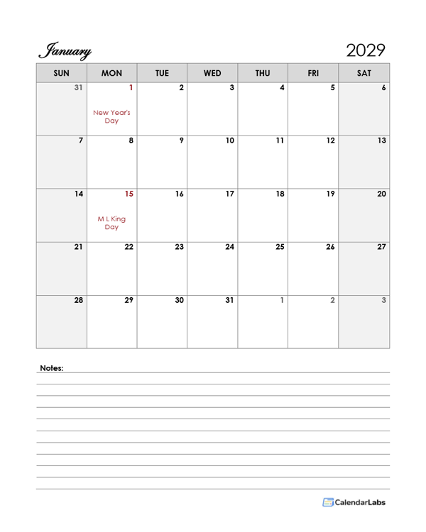 2029 Apple Pages Calendar Template