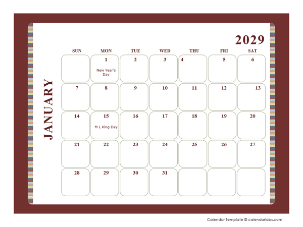 2029 Calendar Template Large Boxes