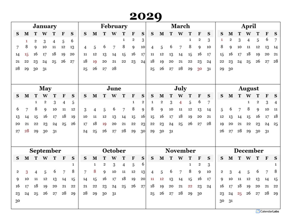 2029 Blank Yearly Calendar Template
