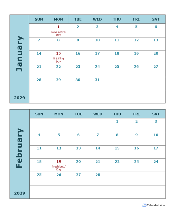 2029 Calendar Template 2 Months Per Page