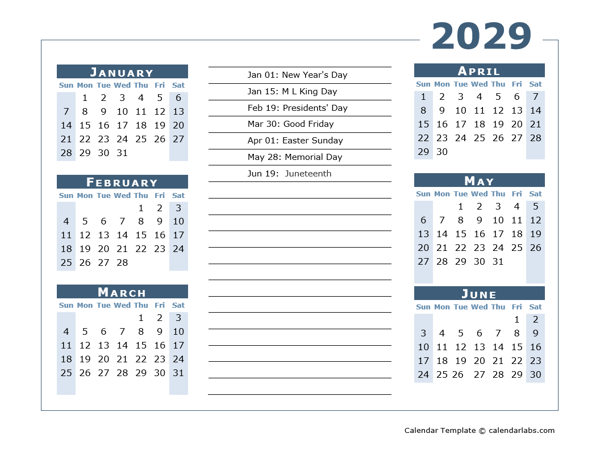 2029 Calendar Template 6 Months Per Page