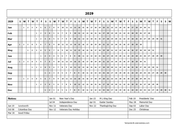 2029 Calendar Template Year At A Glance