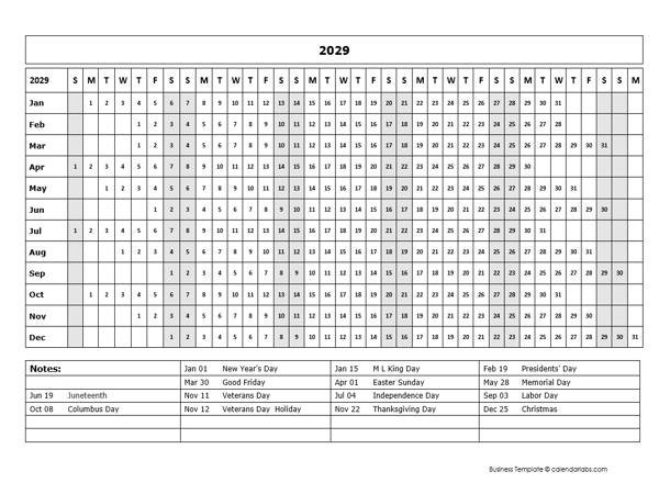 2029 Calendar Template Year At A Glance