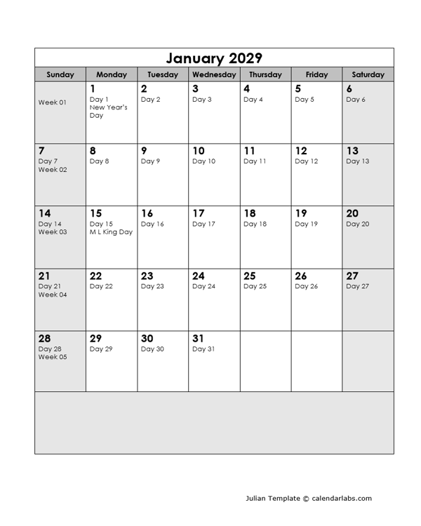 2029 Calendar With Julian Dates
