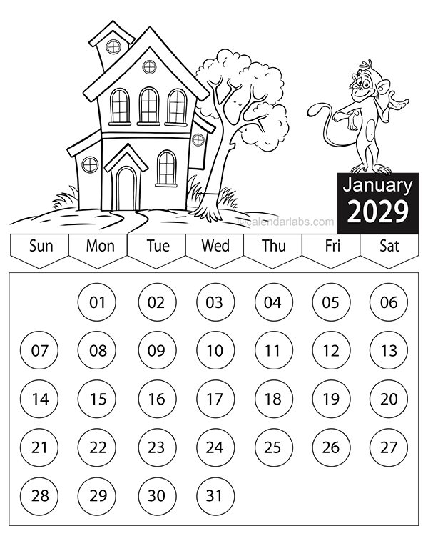 2029 Cartoon Character Coloring Calendar