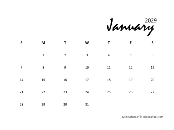 2029 Classic Mini Calendar