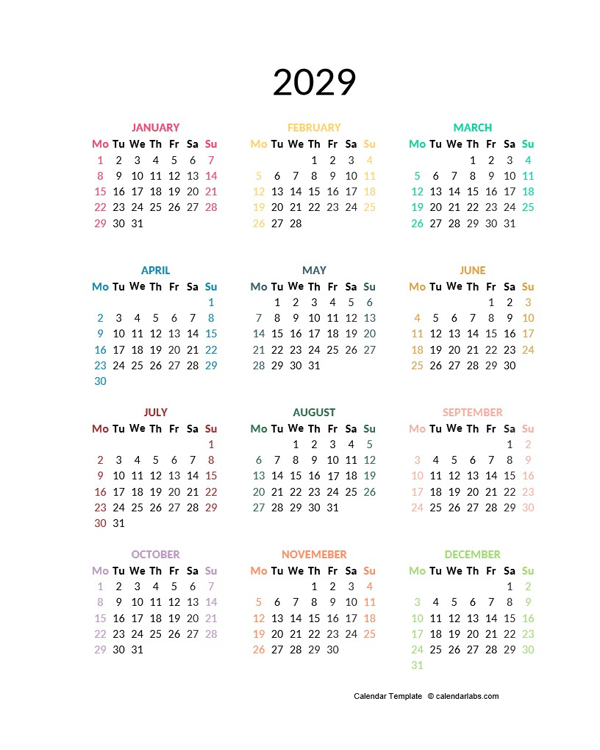 2029 Colorful Yearly Excel Calendar