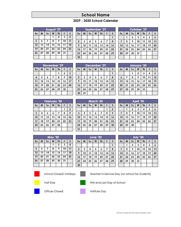 2029 Customizable Yearly Calendar Aug-Jul