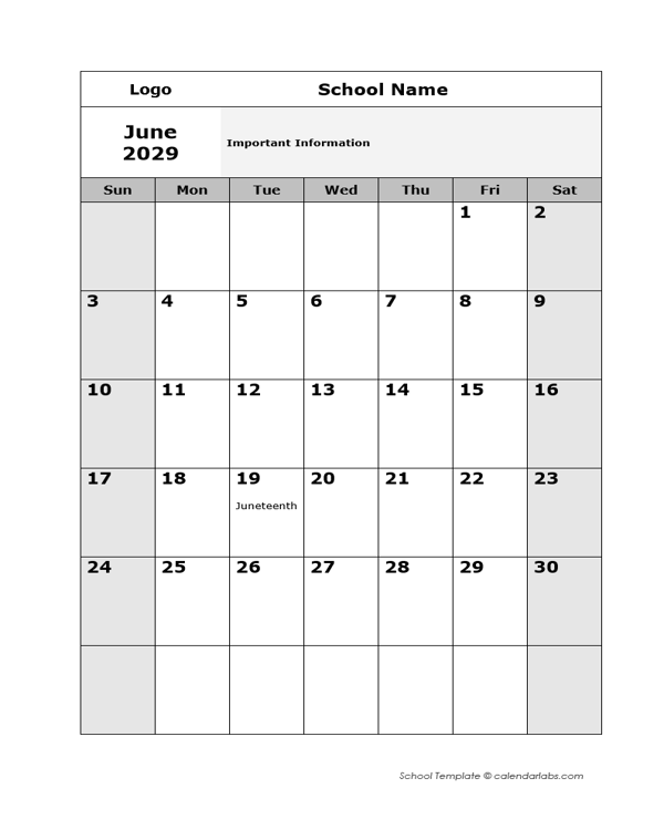 2029 Editable Monthly School Jun-Sep Calendar