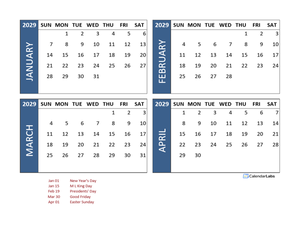 2029 Excel 4 Month Calendar Template