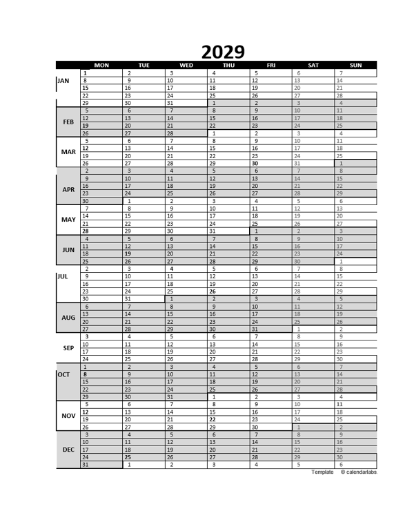 Free 2029 Excel Calendar For Project Planning