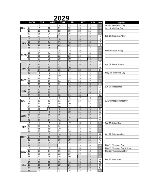 Free 2029 Excel Calendar For Project Management
