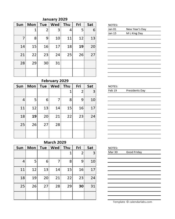 Free 2029 Quarterly Calendar Spreadsheet