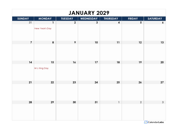 2029 Excel Calendar Spreadsheet Template
