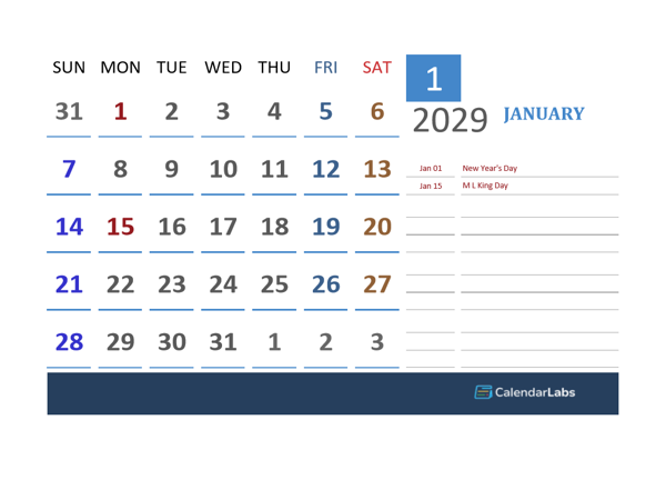 2029 Excel Calendar For Vacation Tracking