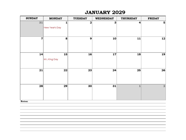2029 Excel Monthly Calendar With Notes