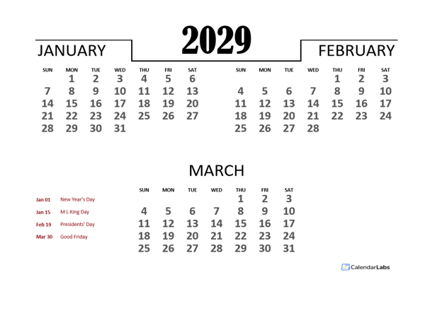 2029 Excel Quarterly Calendar Template