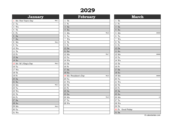 Editable 2029 Excel Three Month Calendar