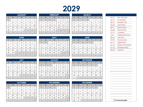 2029 Excel Yearly Calendar
