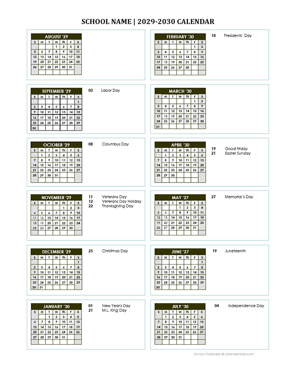 2029 Free School Yearly Calendar Aug