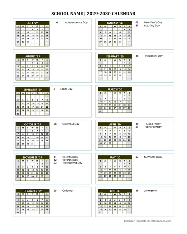 2029 Free School Yearly Calendar Jul