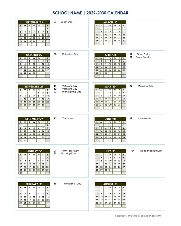2029 Free School Yearly Calendar Sep