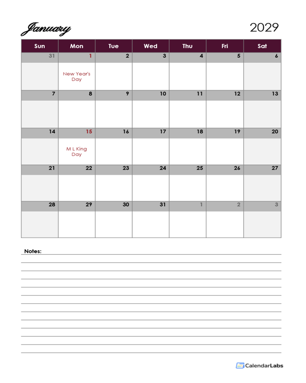 2029 Google Docs Calendar With Large Boxes