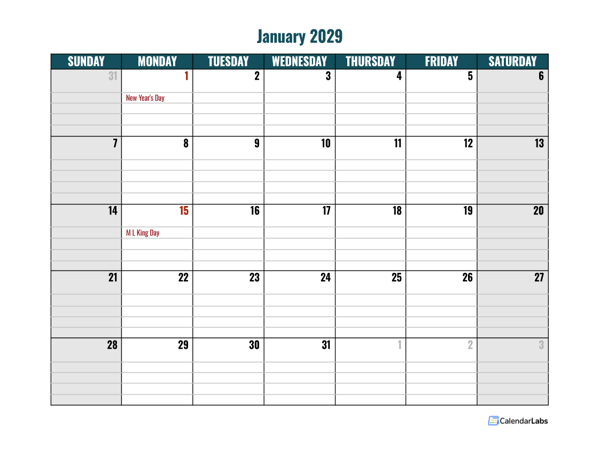 2029 Google Docs Daily Planner