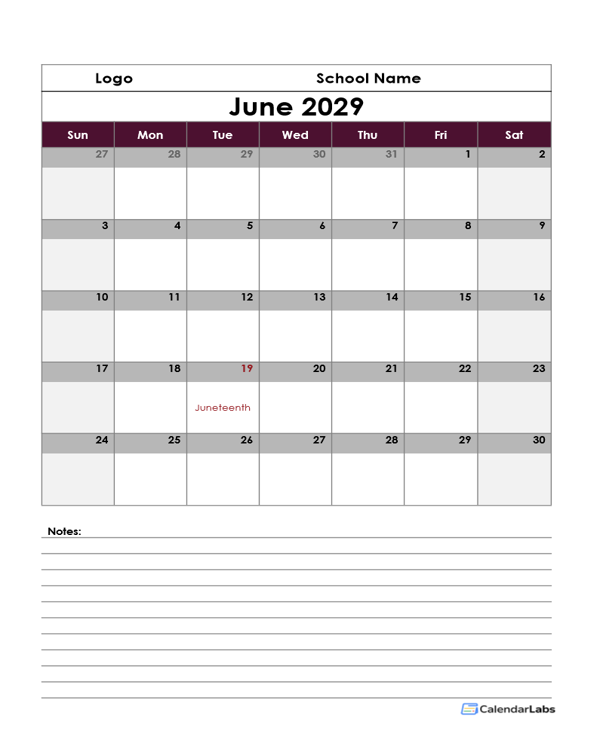 2029 Google Docs School Calendar Notes
