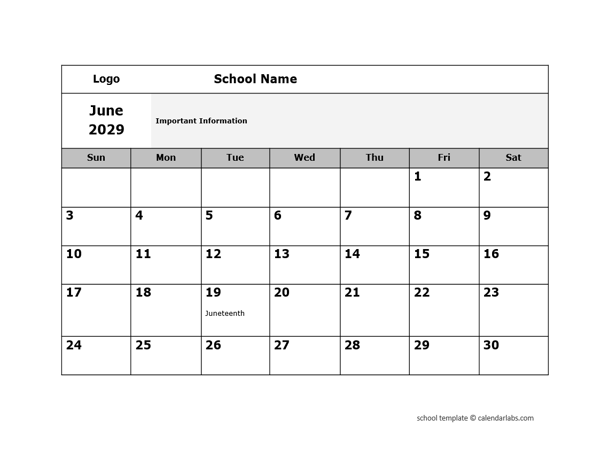 2029 Google Docs School Monthly Jun Calendar