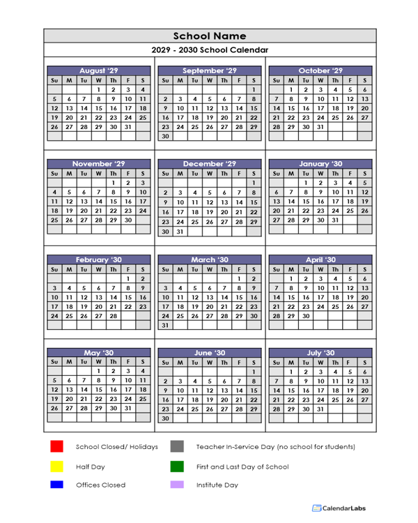 2029 Google Docs School Vertical Yearly Calendar