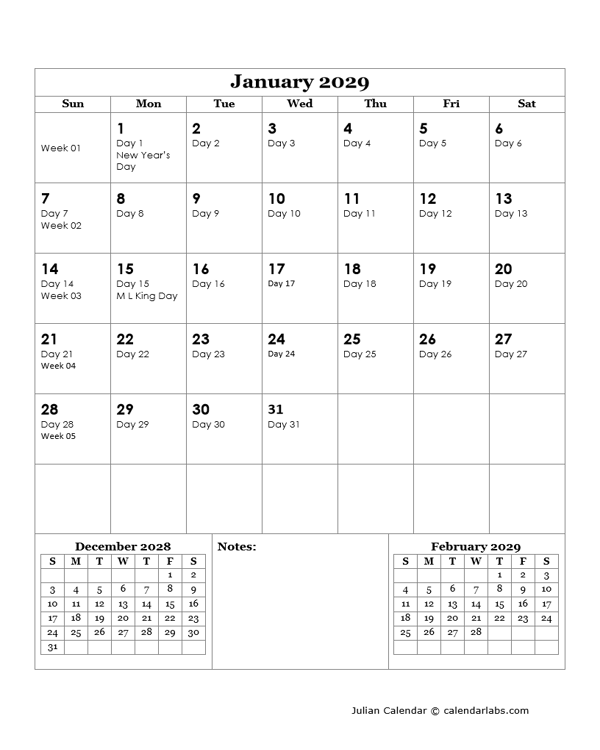 2029 Julian Day Calendar