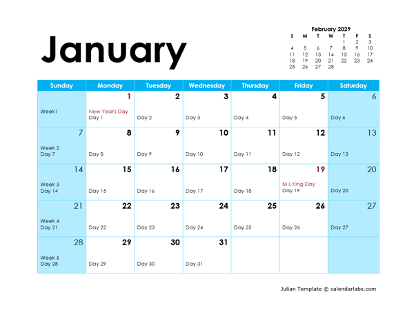 2029 Julian Monthly Calendar