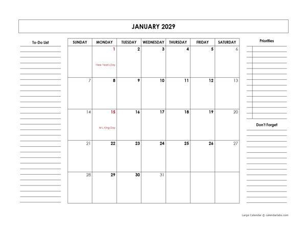 2029 Large Monthly Calendar With Holidays