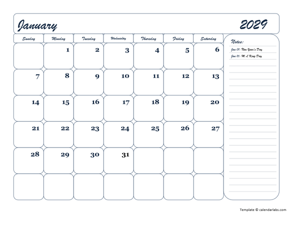 2029 Monthly Blank Calendar Template