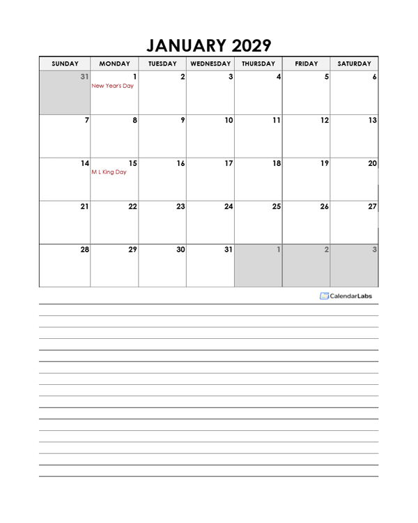 2029 Monthly Excel Template Calendar