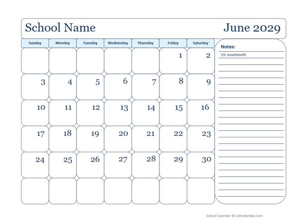 2029 Monthly Free School Jun-Sep Calendar