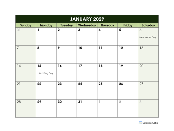 2029 Monthly Google Docs Calendar Template
