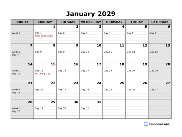 2029 Monthly Julian Calendar Landscape