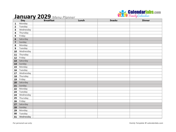2029 Monthly Menu Planner