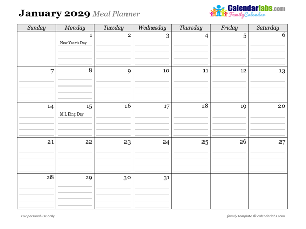 2029 Menu Planner Monthly