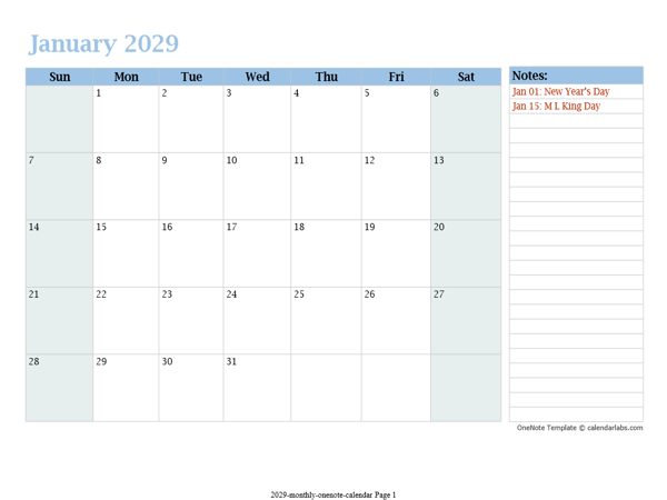 2029 Monthly OneNote Calendar