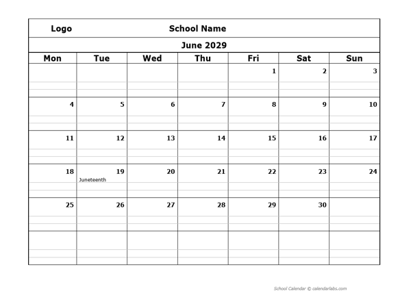 2029 Monthly School Mon Jun-Sep Calendar