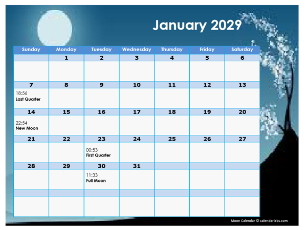 2029 Moon Calendar Universal Time