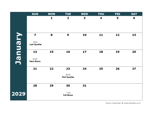 2029 Moon Cycle Calendar Template