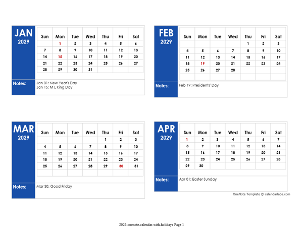 2029 OneNote Calendar With Holidays