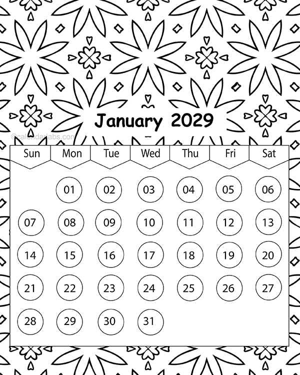 2029 Pattern Coloring Calendar Printable