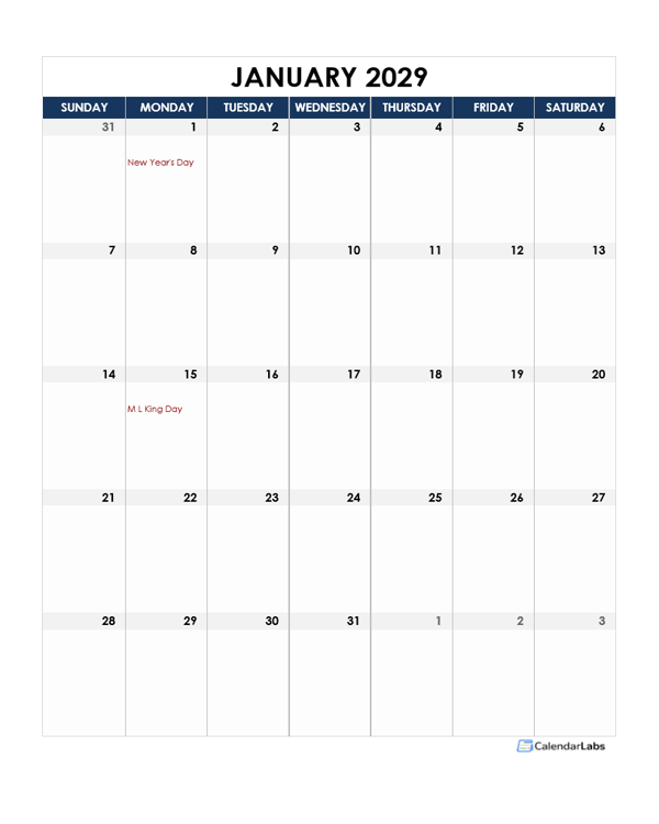 2029 Printable Calendar With large Boxes