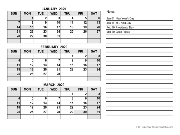 2029 Printable Calendar With Notes